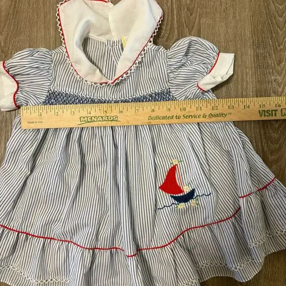 Smocked Sailboat Dress 2T Nautical Peter Pan Collar - Picture 7 of 9